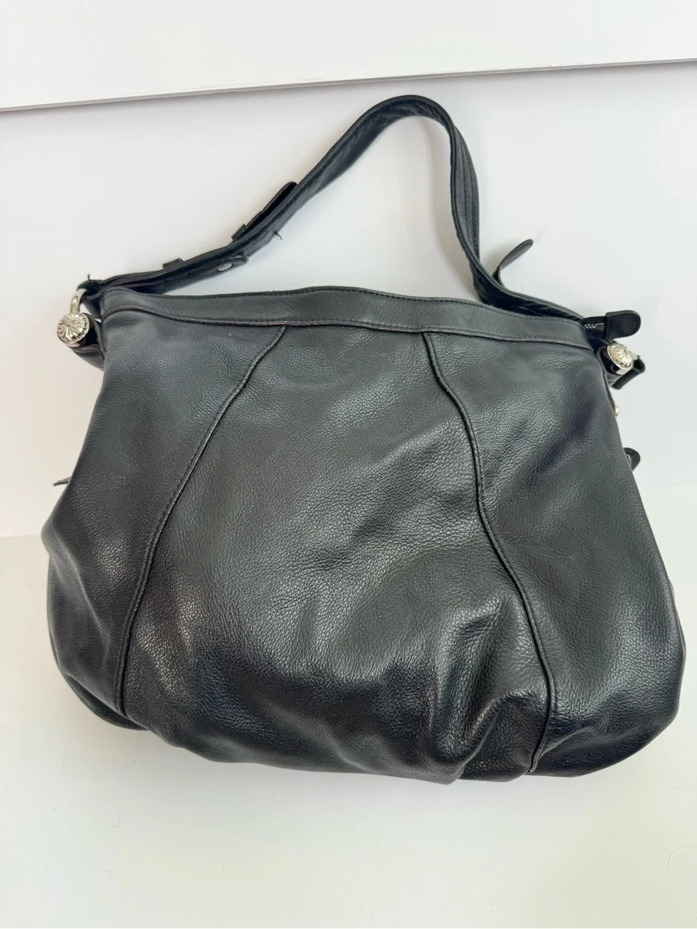 B. Makowsky Black Leather Hobo Handbag Silver Tone Hardware